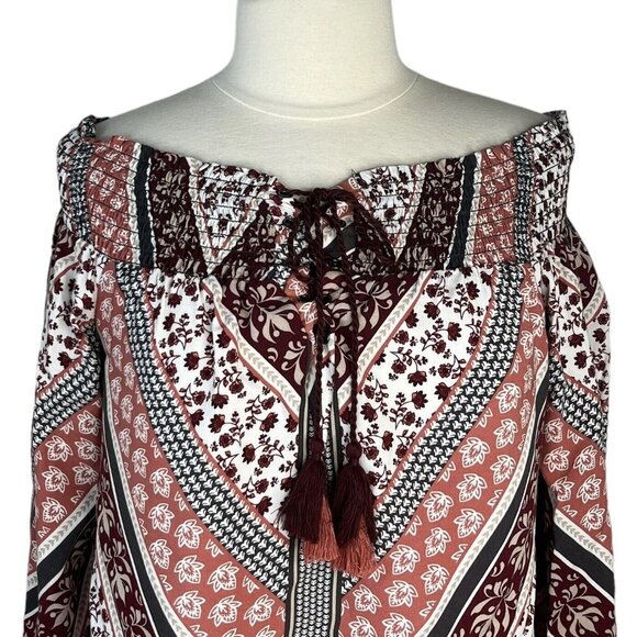 Knox Rose Off Shoulder Shirt Blouse Womens Small Red Pink Boho Long Sleeves - Picture 3 of 8